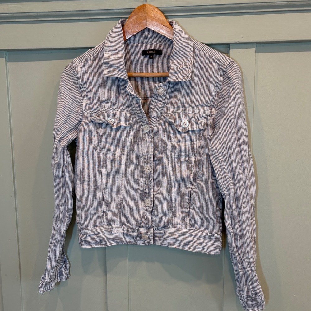 Quince 100% European Linen Blue White Pinstripe Trucker Jacket XS KDW01